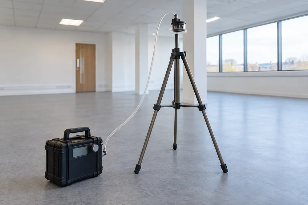 Tripod-mounted air sampling equipment set up inside a Sheffield commercial building
