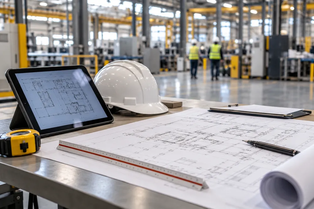 Site drawings, tablet and safety helmet arranged for planning asbestos management in Sheffield