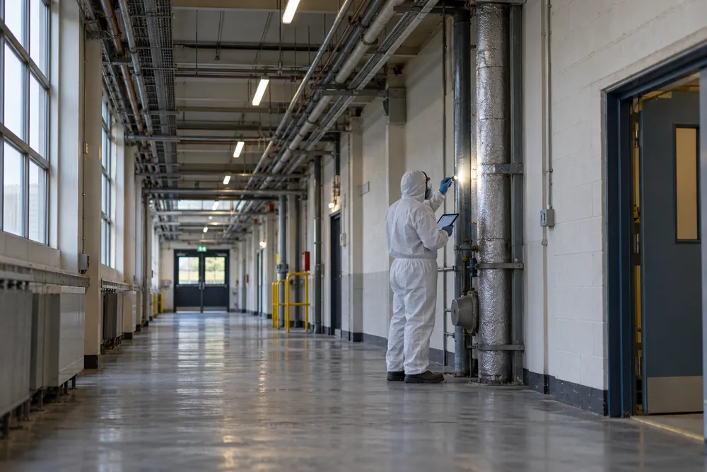 Protective-clothed surveyor checking an interior corridor for a Sheffield commercial asbestos survey