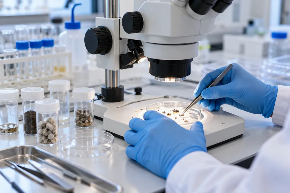 Laboratory microscope and gloved hands analysing a building-material sample for a Sheffield site